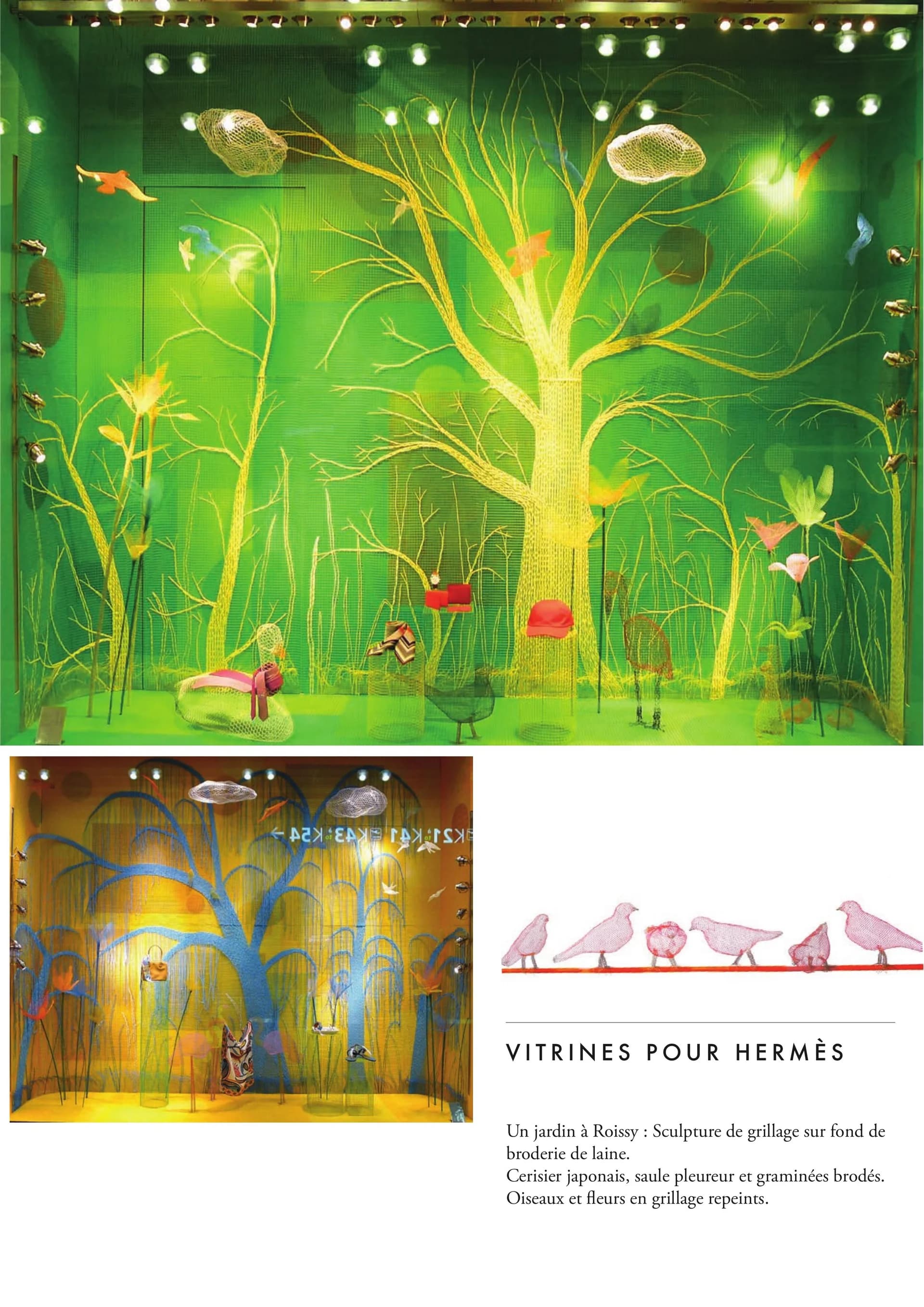 Jardin Hermès Roissy - Cerisier japonais en grillage brodé avec oiseaux